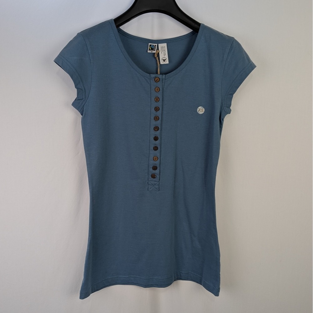 The Good Tee 100% Fair Trade Cotton 1/2 button Blue T-Shirt NWT women's XS